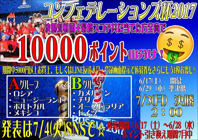 コンフェデレーションズカップ 決勝対戦国＆最終スコア予想イベント開催!!