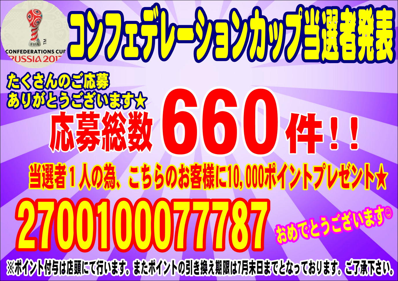 コンフェデ杯 決勝対戦国＆最終スコア予想イベント 当選者発表！！